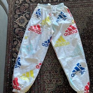 adidas White Track Pants with Multicolor Logos